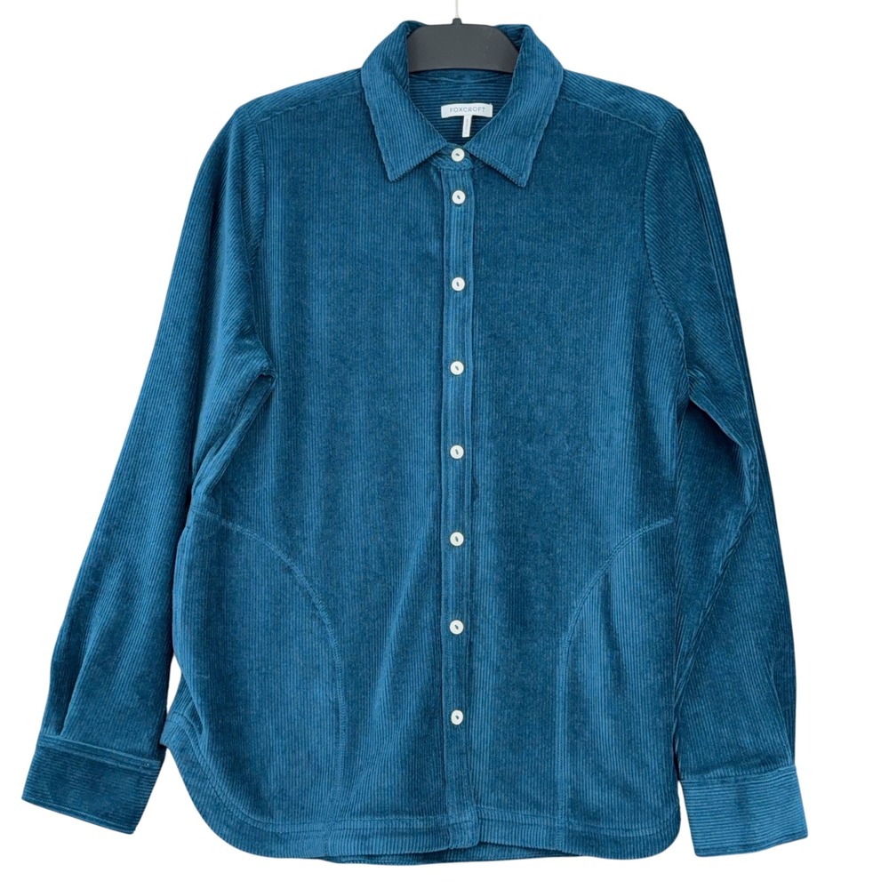 Foxcroft Corduroy Button Down Shirt Womens‎ S Cotton Blend Teal Blue